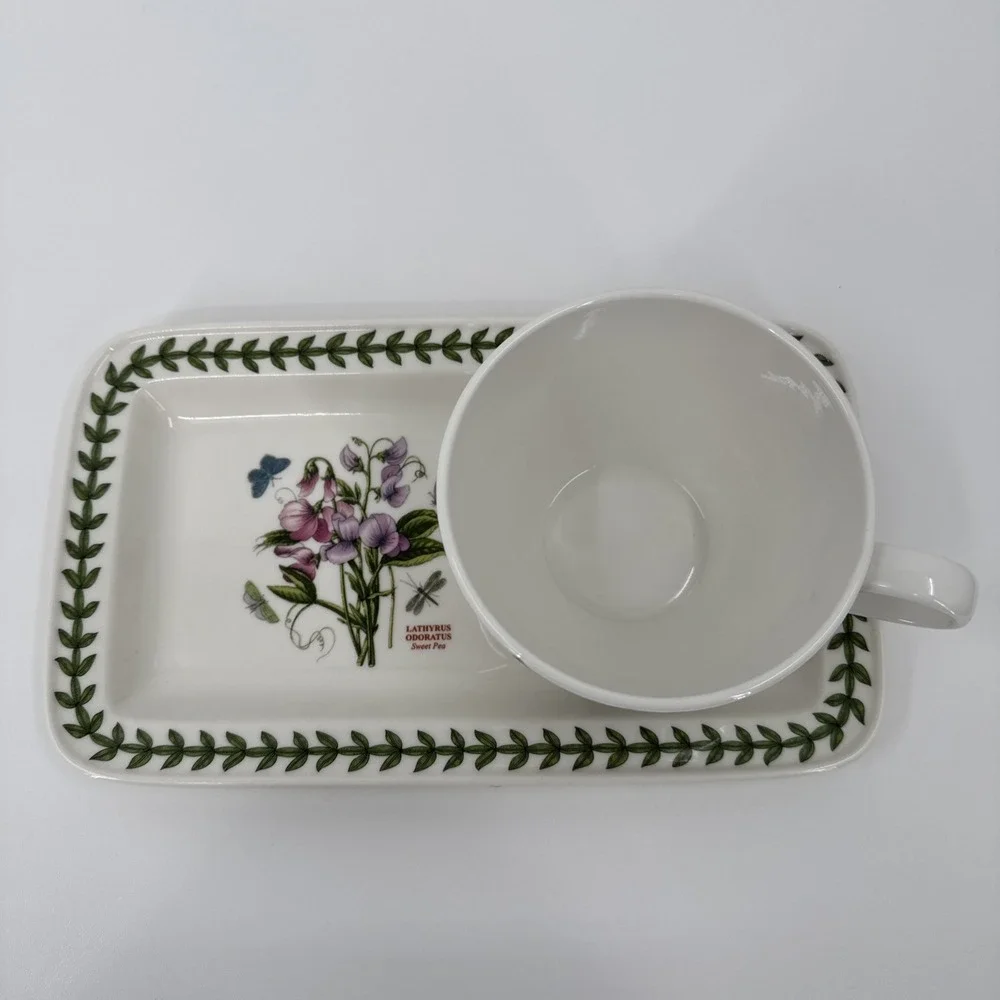 Portmeirion Botanic Garden Sweet Pea Snack Plate and Soup Mug Cup - Excellent